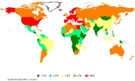 Figure 3 :  Représentation géographique du taux d’incidence du cancer de la vessie estimé et  normalisé selon l’âge, pour 100 000 personnes, tous sexes et âges confondus (7)