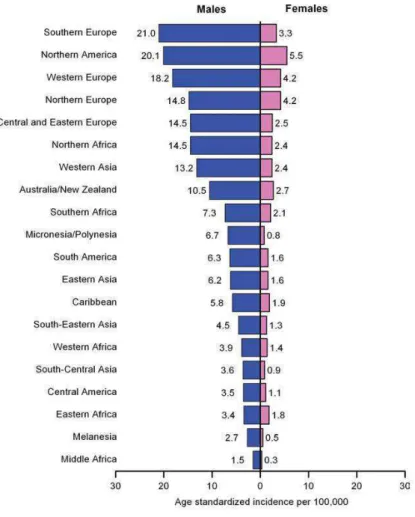 Figure 4 :  Taux d’incidence du cancer de la vessie normalisés selon l’âge et classés par sexe et  localisation géographique (7,8)