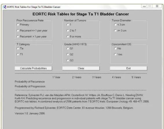 Figure 6 : Tableaux de risques pour la prédiction de récidive et de progression chez des patients  avec un cancer de la vessie de stade Ta ou T1 (16)