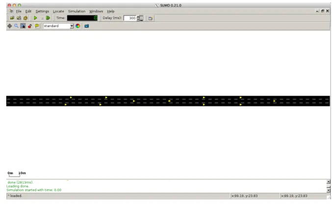 Figure 4.6 – Visualisation d’une autoroute grâce à l’interface graphique de SUMO Les commandes suivantes permettent de créer le fichier de mobilité exploitable par NS-2 :