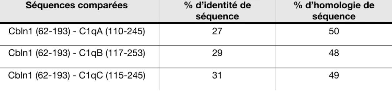 Table 4 : Comparaison par alignement de séquences (Blastp) des têtes globulaires de Cbln1 et de C1q