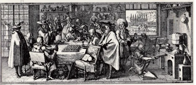 Figure 1 : Une officine au XVIIème siècle, d'après une gravure de S. Le Clerc. (7)