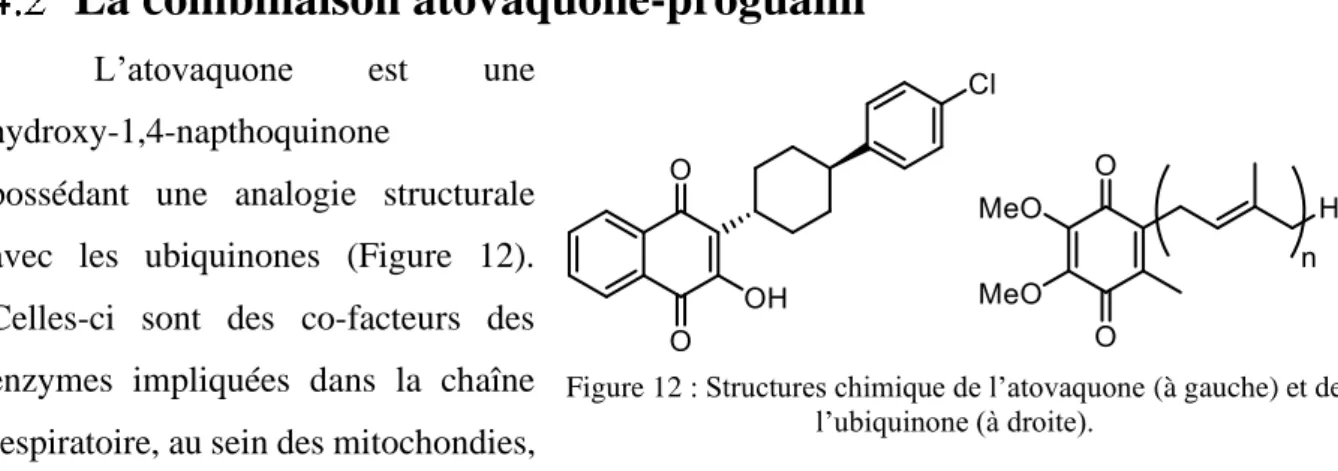Figure 12 : Structures chimique de l’atovaquone (à gauche) et de  l’ubiquinone (à droite).