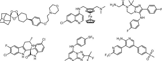 Figure 20 : Structures chimiques, de la gauche vers la droite, de l’artéfénomel, de la ferroquine et du ganaplacide   (en haut) et de la cipargamine, du composé DSM265 et du composé MMV048 (en bas).