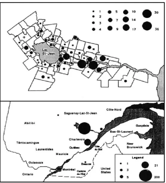 Figure 1 : Répartition géographique des lieux de naissance des individus atteints d’ARSACS au Québec et au  SLSJ