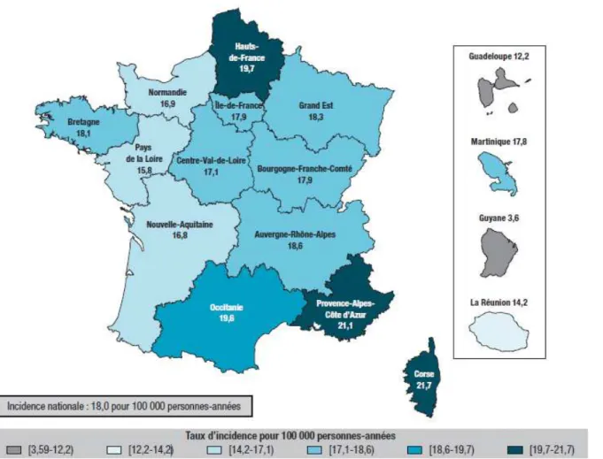 Figure 1. Taux d’incidence régionaux du diabète de type 1 chez les enfants en France de 2013  à 2015 (6) 