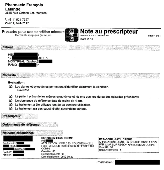 Figure 10 - Exemple d'ordonnance &#34;Loi 41&#34; d'une prescription dans une condition mineure dans la pratique professionnelle  pharmaceutique en routine 