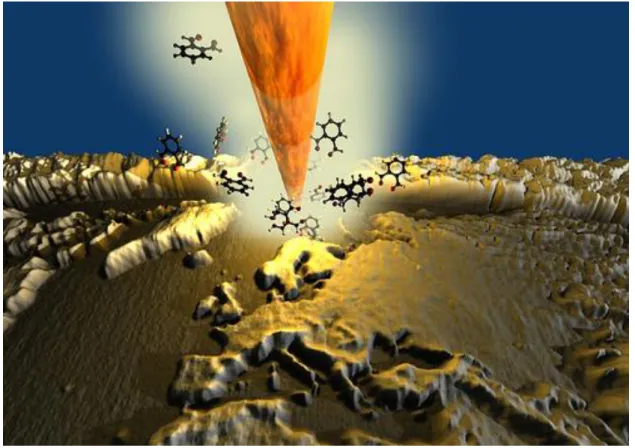 Figure 2 – Reconstitution 3D d’une nano-pointe de silicone chauffée inspirée d’un MFA qui cisèle la  matière d’un substrat pour créer une carte 3D du monde