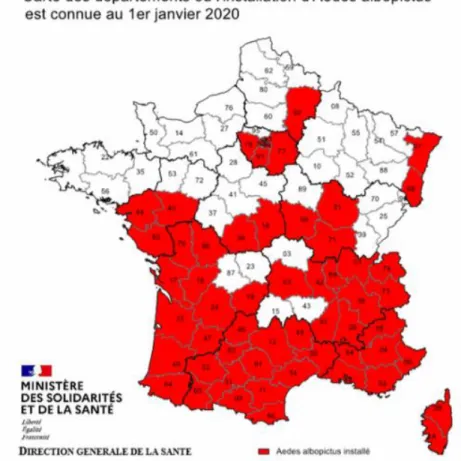 Figure 15. Aire de distribution du moustique tigre en Europe en Janvier 2019 d’après Le  Monde (60) 