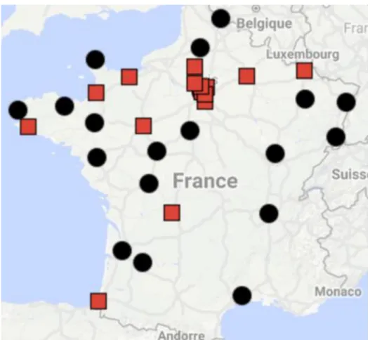 Figure 10 :  carte des lactariums  de France. Les carrés rouges  représentent les lactariums à usage intérieur et les points noirs  les lactariums à usage intérieur et extérieur