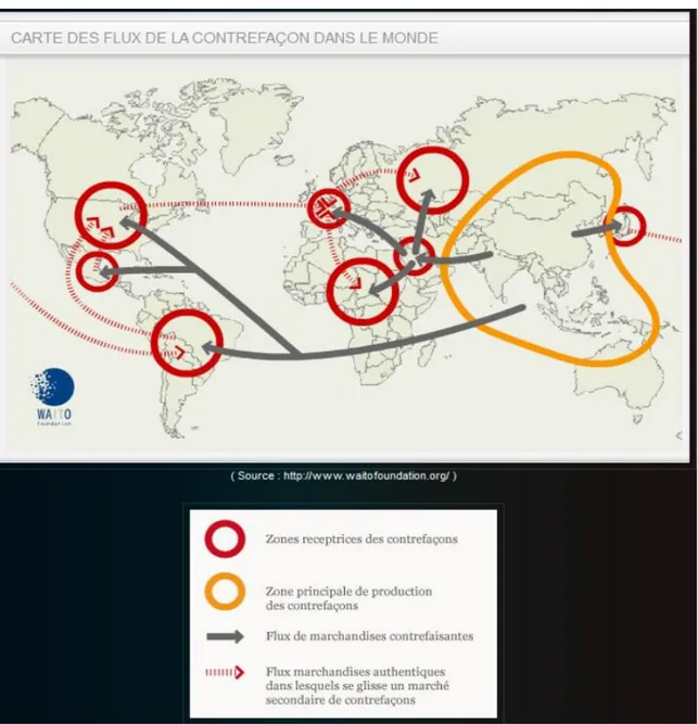 Figure 4 : Carte des flux de la contrefaçon dans le monde