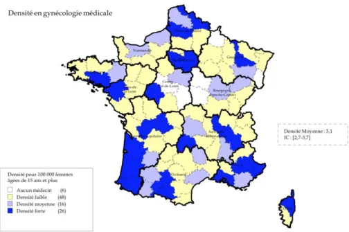 Figure 20 : Carte de la densité des médecins spécialistes en gynécologie médicale   par départements français [46] 