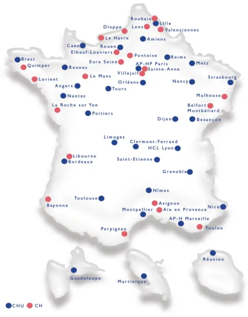 Figure 1 : Etablissements membres du GCS Uni.H.A  au 31/12/2010 (en bleu les CHU, en  rouge les CH) 