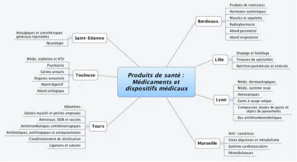 Figure 5 : Segmentation achat de la Filière produits de santé : au premier niveau les  établissements coordonnateurs, au deuxième les segments concernés