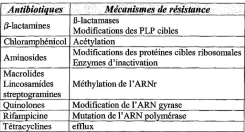 Tableau 1: Principaux mécanismes connus de résistances aux antibiotiques. 