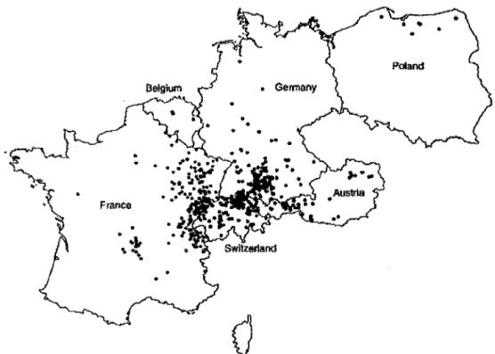 Figure  8  :  Répartition  géographique  en  Europe  des  cas  d' échinococcose  0 