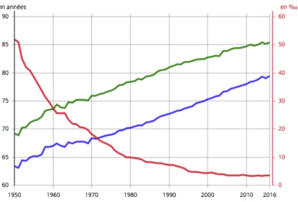 Figure  1  -  Evolution  de  l'espérance  de  vie  en  France  métropolitaine  depuis  1950