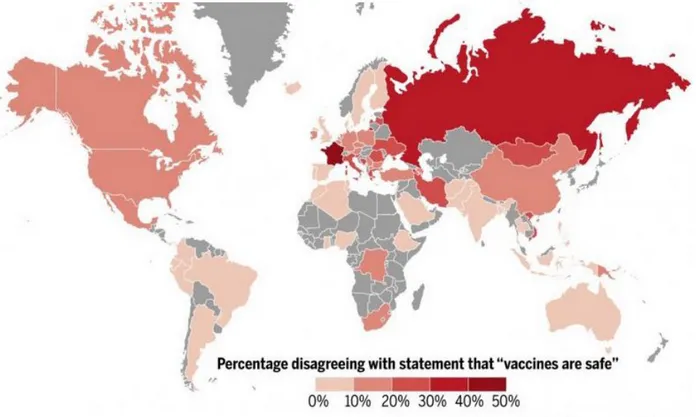 Figure 6 : Carte mondiale mettant en évidence le désaccord avec la proposition &#34;les vaccins sont sûrs&#34;  