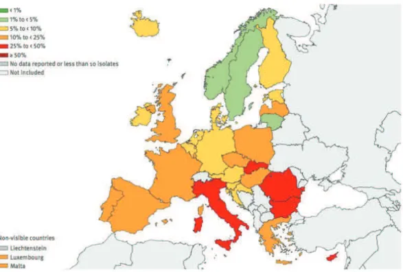 Figure 15 : Pourcentage de souches d’E. coli résistantes aux C3G en 2012 en Europe,  d’après ECDC 23 