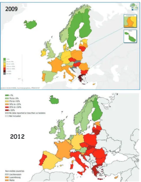 Figure 17 : pourcentage de souches de K.  pneumoniae isolées d’infections invasives  résistantes aux C3G en Europe en 2009 (en haut) et 2012 (en bas), d’après ECDC 23,24