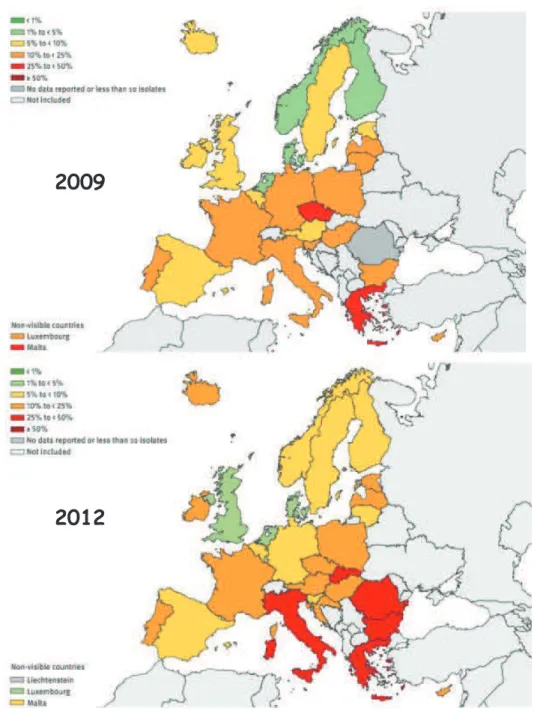 Figure 18 : pourcentage de souches de P. aeruginosa  isolées d’infections invasives  résistantes aux C3G en Europe en 2009 (en haut) et 2012 (en bas), d’après ECDC 23,24 