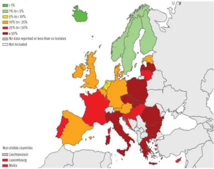 Figure 11: Prévalence des souches de K. pneumoniae résistantes aux C3G en Europe en 2013 [28]