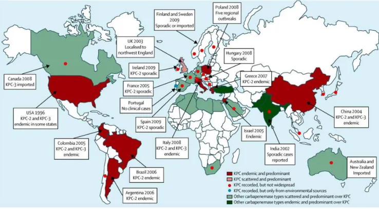 Figure 15: Répartition géographique des souches productrices des KPC par pays d'origine [32]