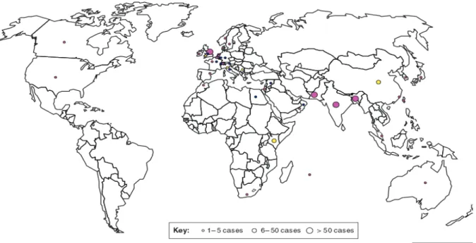 Figure 16: Répartition mondiale des cas identifiés de bactéries produisant l'enzyme NDM1 au 01/10/2011  [34]