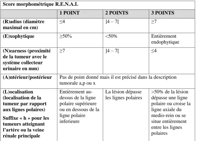Tableau 3: Score morphométrique R.E.N.A.L 36