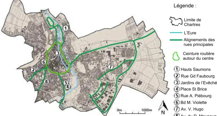 Figure  8  :  Cartographie des alignements principaux d’arbres de la ville Chartres (C