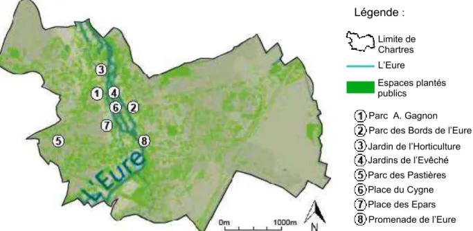 Figure 13:  Cartographie  des  espaces  plantés  de  la  ville  de  Chartres  (C.  Philis,  d’après  le  diagnostic révisé du Plan Vert de Chartres Métropole, 2013) ; les 8 sites arborés décrits dans  cette partie sont également cartographiés