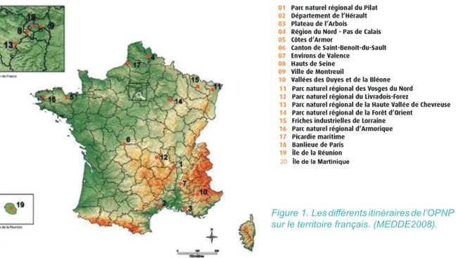Figure 1. Les différents itinéraires de l’OPNP  sur le territoire français. (MEDDE2008).