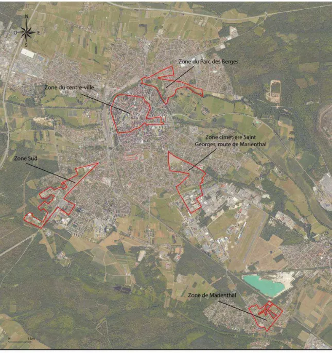 Fig. 8 : Localisation des cinq sites pilotes (réal. L. Gendry avec photo aérienne)  