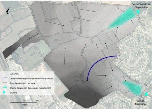 Figure 5 : Carte d'écoulement des eaux au sein du périmètre de projet  Auteur : D. Humeau d’après Vu d’Ici – Août 2015 