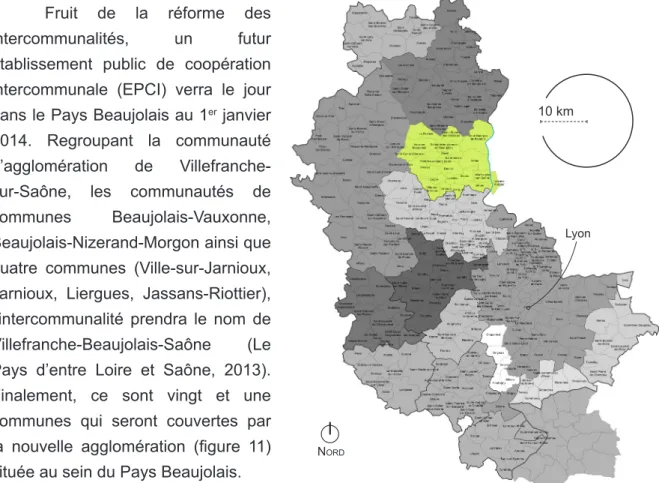 Figure 11 : Situation de l’agglomération Villefranche-Beaujolais-Saône dans le découpage  intercommunal du Rhône à partir du 1 er  janvier 2014 (P