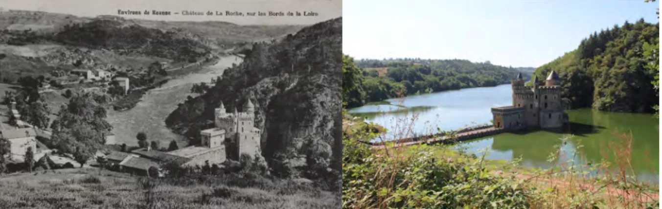 Figure 5 : Carte postale du château de la Roche avant la  construction du barrage, collection de la médiathèque de  Roanne