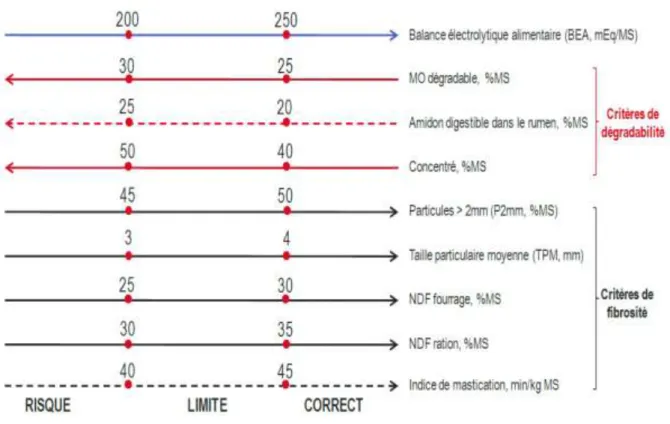Figure 5 : Valeurs limites des indicateurs de risques d’acidose. Les critères difficilement mesurables en  pratiques sont indiqués en pointillé (d’après Sauvant et al., 2010).