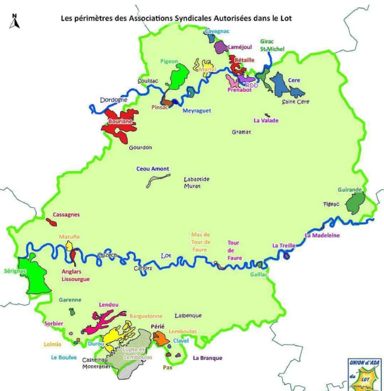 Figure 2 : carte des ASA du Lot et étendue de leur réseau (source IGN 2009, Union d'ASA du Lot, BDCarthage, Qgis 1.8) 