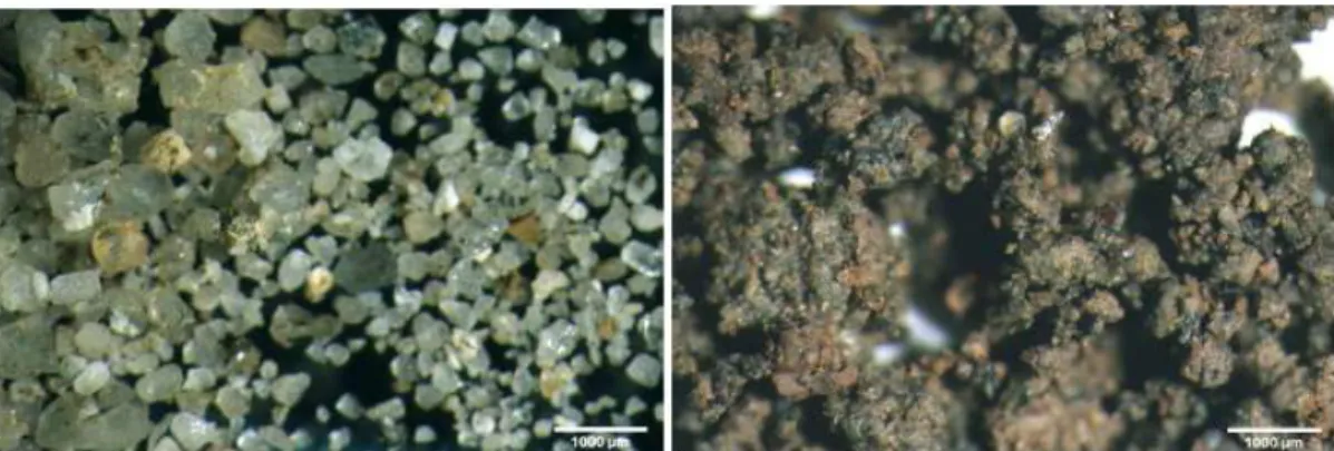 Figure 6: Photographie des deux matériaux utilisés dans BOFI1 et 2: à gauche: sable de rivière 0/2mm; à  gauche, pouzzolane 0/4 mm (R