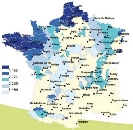 Figure  3  :  Surfaces  de  maïs  grain  et  maïs  fourrage  en  France  en  2002  (Gnis- (Gnis-Pédagogie)