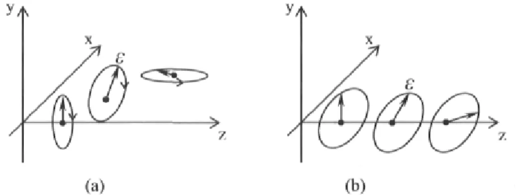 Figure 1. Time course of the electric field vector at several positions: (a) arbitrary wave; (b) paraxial wave or  plane wave traveling in the z direction