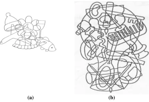 Figure 11: (a) Exemple de planche des figures enchevêtrées (EVA) ; (b) 15 objets de Pillon 