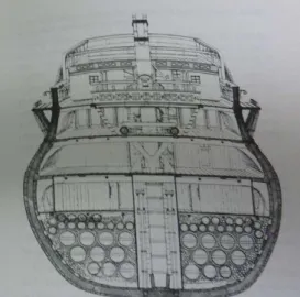 Figure 7 coupe transversale d'un vaisseau à deux-  ponts,  visualisation  de  la  cale  et  des  futailles