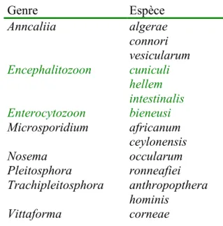 Tableau 2 : 8 genres et 14 espèces de microsporidies infectent l’Homme  Genre  Espèce  Anncaliia  algerae  connori  vesicularum  Encephalitozoon  cuniculi  hellem  intestinalis  Enterocytozoon  bieneusi  Microsporidium  africanum  ceylonensis  Nosema  occu