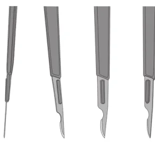 Figure 7 : schéma animation incision intrasulculaire produite par le SUPTICE :   quatre vues différentes du bistouri