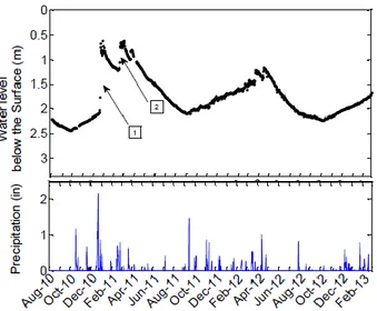 Figure 4-7 : Niveau d'eau et précipitations entre aout 2010 et février 2013 sur le site de GVDA 