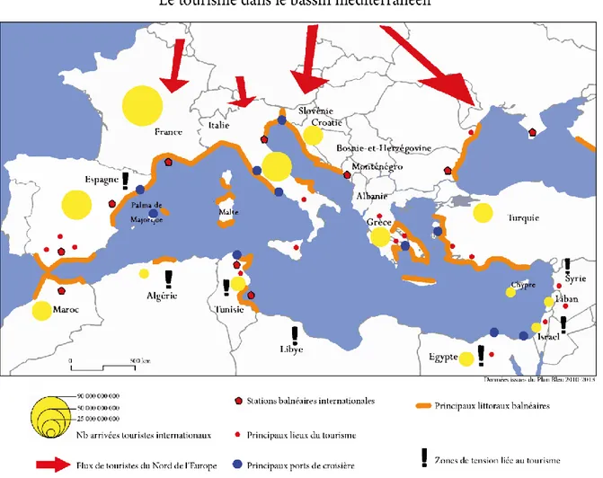 Figure 3 :  Carte du tourisme dans le bassin méditerranéen, réalisation : Yasmine Gaoua, 2019 