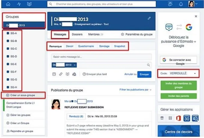 Figure 3 : Capture d’écran illustrant la gestion des cours de Edmodo 