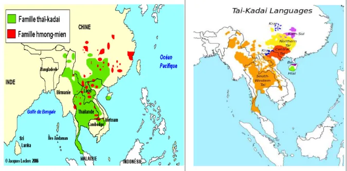 Figure 2.1. - Répartition de la famille des langues Tai-Kadai (tiré des sites: http://voyagekhmere.free.fr/ 