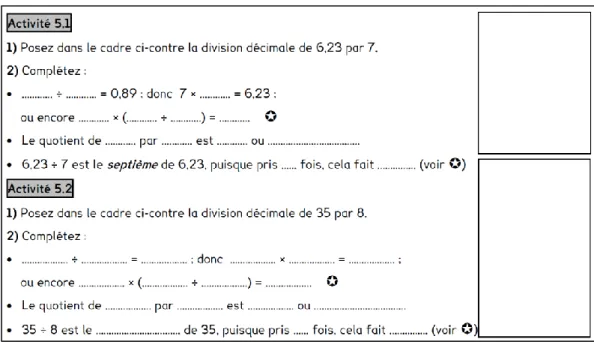 Figure 15 : Exemples d’activité donnée au cours de la séquence « division décimale »  12    ÷    5       =  2,4 